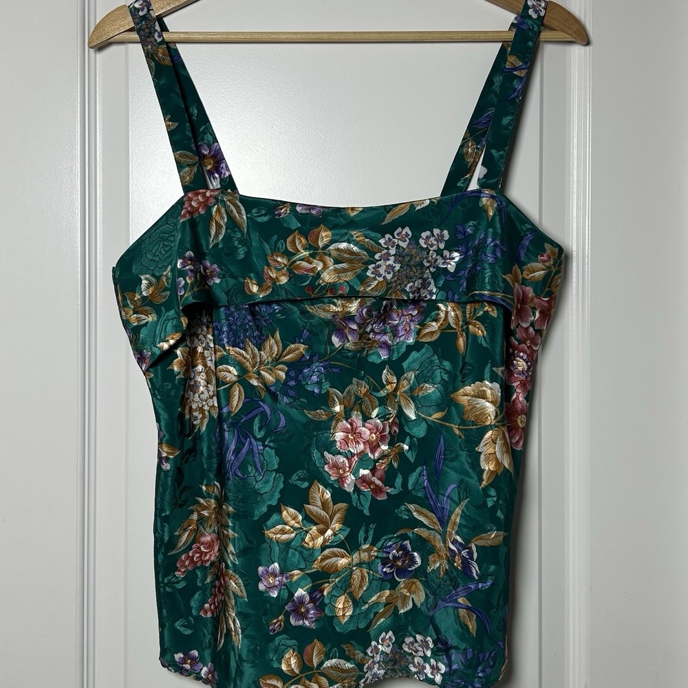 Escapades Vintage Emerald Teal Satin Botanical Floral Square Neck Sleeveless Top